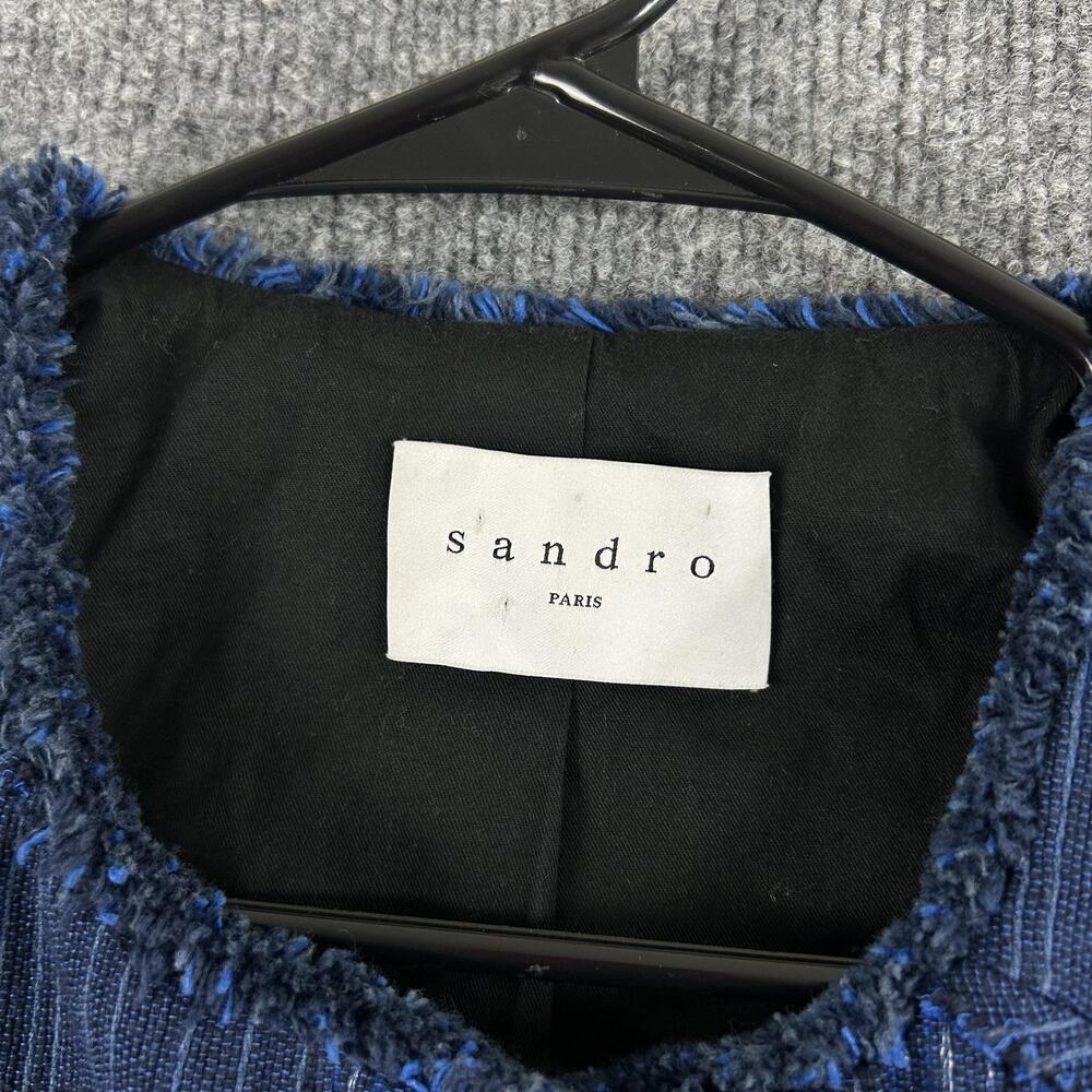 Sandro Blazer 38  Egyptien Blue Blucy Asymmetrical Tweed Fringe Crop Jacket Blue - Picture 7 of 16